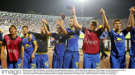 26.08.2015 Belgrade(Serbia) FK Partizsan-FC bate Borisov Play off 2nd leg champions league men s football FC Bate Borisov players celebrate going in champions league from left to right: Dmitry Baga,Filip Mladenovic,Mikhail Gordeichuk,Nemanja Milunovic,Edgar Olekhnovich and Aleksei Rios :