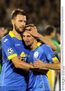 26.08.2015 Belgrade(Serbia) FK Partizsan-FC bate Borisov Play off 2nd leg champions league men s football Nemanja Milunovic(L) and Filip Mladenovic(r) FC Bate Borisov celebration :