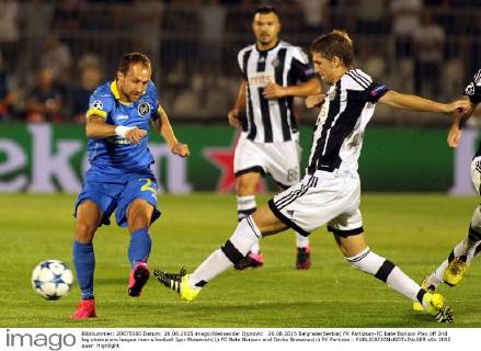 26.08.2015 Belgrade(Serbia) FK Partizsan-FC bate Borisov Play off 2nd leg champions league men s football Igor Stasevich(L) FC Bate Borisov and Darko Brasanac(r) FK Partizan :