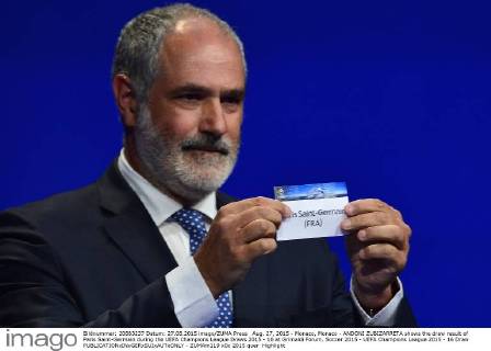 Aug. 27, 2015 - Monaco, Monaco - ANDONI ZUBIZARRETA shows the draw result of Paris Saint-Germain during the UEFA Champions League Draws 2015 - 16 at Grimaldi Forum. Soccer 2015 - UEFA Champions League 2015 - 16 Draw - ZUMAm119