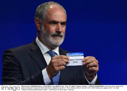 Aug. 27, 2015 - Monaco, Monaco - ANDONI ZUBIZARRETA shows the draw result of FC Bayern Munchen during the UEFA Champions League Draws 2015 - 16 at Grimaldi Forum. Soccer 2015 - UEFA Champions League 2015 - 16 Draw  - ZUMAm119