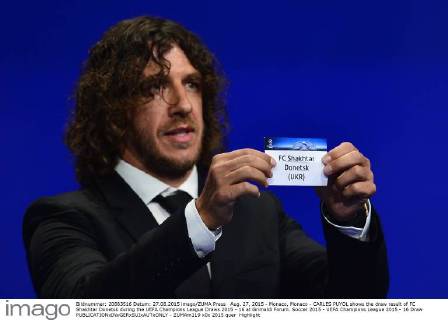 Aug. 27, 2015 - Monaco, Monaco - CARLES PUYOL shows the draw result of FC Shakhtar Donetsk during the UEFA Champions League Draws 2015 - 16 at Grimaldi Forum. Soccer 2015 - UEFA Champions League 2015 - 16 Draw  - ZUMAm119
