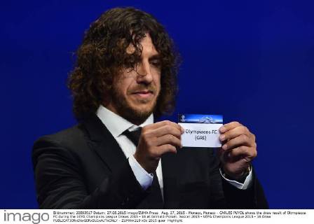 Aug. 27, 2015 - Monaco, Monaco - CARLES PUYOL shows the draw result of Olympiacos FC during the UEFA Champions League Draws 2015 - 16 at Grimaldi Forum. Soccer 2015 - UEFA Champions League 2015 - 16 Draw  - ZUMAm119