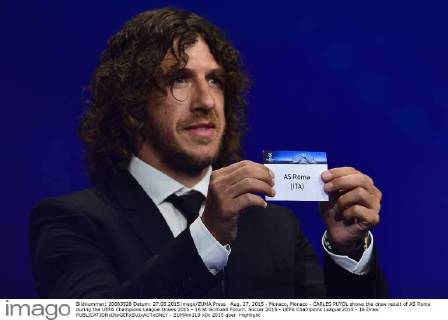 Aug. 27, 2015 - Monaco, Monaco - CARLES PUYOL shows the draw result of AS Roma during the UEFA Champions League Draws 2015 - 16 at Grimaldi Forum. Soccer 2015 - UEFA Champions League 2015 - 16 Draw  - ZUMAm119