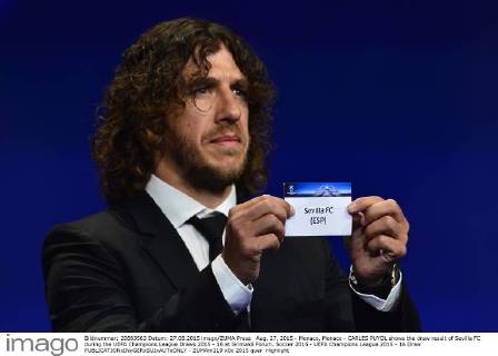 Aug. 27, 2015 - Monaco, Monaco - CARLES PUYOL shows the draw result of Sevilla FC during the UEFA Champions League Draws 2015 - 16 at Grimaldi Forum. Soccer 2015 - UEFA Champions League 2015 - 16 Draw - ZUMAm119