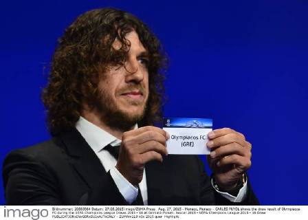Aug. 27, 2015 - Monaco, Monaco - CARLES PUYOL shows the draw result of Olympiacos FC during the UEFA Champions League Draws 2015 - 16 at Grimaldi Forum. Soccer 2015 - UEFA Champions League 2015 - 16 Draw  - ZUMAm119