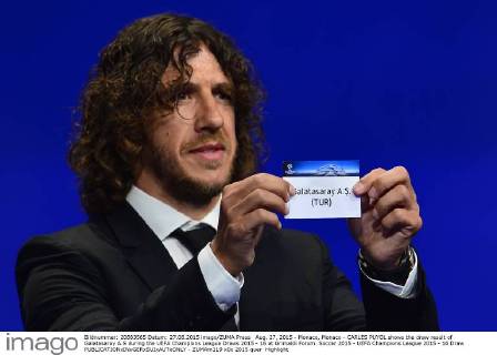 Aug. 27, 2015 - Monaco, Monaco - CARLES PUYOL shows the draw result of Galatasaray A.S during the UEFA Champions League Draws 2015 - 16 at Grimaldi Forum. Soccer 2015 - UEFA Champions League 2015 - 16 Draw  - ZUMAm119