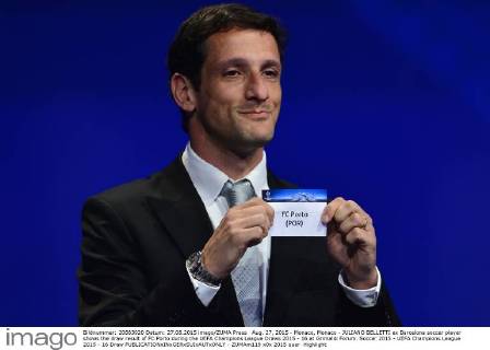 Aug. 27, 2015 - Monaco, Monaco - JULIANO BELLETTI ex Barcelona soccer player shows the draw result of FC Porto during the UEFA Champions League Draws 2015 - 16 at Grimaldi Forum. Soccer 2015 - UEFA Champions League 2015 - 16 Draw - ZUMAm119
