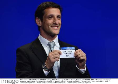 Aug. 27, 2015 - Monaco, Monaco - JULIANO BELLETTI ex Barcelona soccer player shows the draw result of Club Atletico de Madrid during the UEFA Champions League Draws 2015 - 16 at Grimaldi Forum. Soccer 2015 - UEFA Champions League 2015 - 16 Draw - ZUMAm119