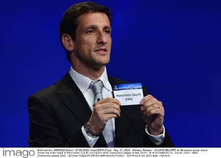 Aug. 27, 2015 - Monaco, Monaco - JULIANO BELLETTI ex Barcelona soccer player shows the draw result of Manchester City FC during the UEFA Champions League Draws 2015 - 16 at Grimaldi Forum. Soccer 2015 - UEFA Champions League 2015 - 16 Draw - ZUMAm119