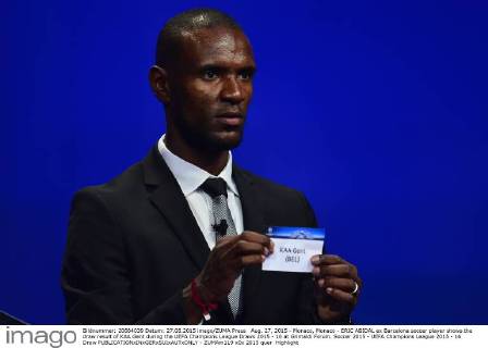 Aug. 27, 2015 - Monaco, Monaco - ERIC ABIDAL ex Barcelona soccer player shows the draw result of KAA Gent during the UEFA Champions League Draws 2015 - 16 at Grimaldi Forum. Soccer 2015 - UEFA Champions League 2015 - 16 Draw - ZUMAm119
