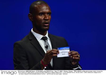Aug. 27, 2015 - Monaco, Monaco - ERIC ABIDAL ex Barcelona soccer player shows the draw result of FC Bate Borisov during the UEFA Champions League Draws 2015 - 16 at Grimaldi Forum. Soccer 2015 - UEFA Champions League 2015 - 16 Draw - ZUMAm119