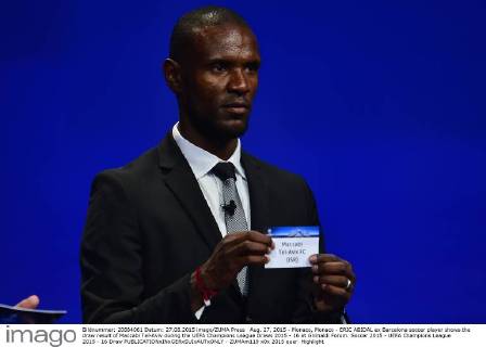 Aug. 27, 2015 - Monaco, Monaco - ERIC ABIDAL ex Barcelona soccer player shows the draw result of Maccabi Tel-Aviv during the UEFA Champions League Draws 2015 - 16 at Grimaldi Forum. Soccer 2015 - UEFA Champions League 2015 - 16 Draw - ZUMAm119