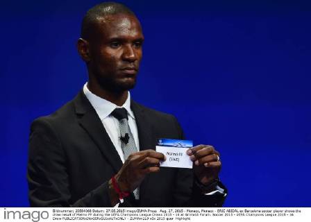 Aug. 27, 2015 - Monaco, Monaco - ERIC ABIDAL ex Barcelona soccer player shows the draw result of Malmo FF during the UEFA Champions League Draws 2015 - 16 at Grimaldi Forum. Soccer 2015 - UEFA Champions League 2015 - 16 Draw - ZUMAm119
