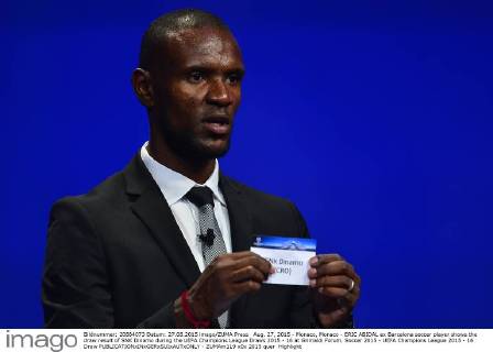 Aug. 27, 2015 - Monaco, Monaco - ERIC ABIDAL ex Barcelona soccer player shows the draw result of SNK Dinamo during the UEFA Champions League Draws 2015 - 16 at Grimaldi Forum. Soccer 2015 - UEFA Champions League 2015 - 16 Draw - ZUMAm119