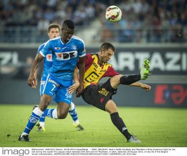 - GENT, BELGIUM: Gent s Kalifa Coulibaly and Mechelen s Milos Kosanovic fight for the ball during the Jupiler Pro League match between KAA Gent and KV Mechelen, in Gent, Saturday 29 August 2015, on day 06 of the Belgian soccer championship. JASPERxJACOBS  x04689650x