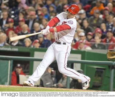 April 9, 2014 - Washington, District Of Columbia, U.S - Washington Nationals left fielder Bryce Harper (34) strikes out to end the second inning against the Miami Marlins at Nationals Park in Washington, D.C. on Wednesday, April 9, 2014. After two innings the Marlins held a 5 - 0 lead. MLB Baseball Herren USA 2014 - Marlins Beat Nationals 7-1 - ZUMAp124