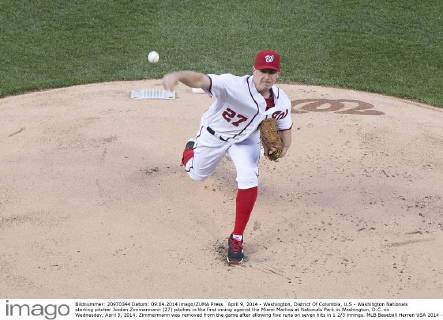 April 9, 2014 - Washington, District Of Columbia, U.S - Washington Nationals starting pitcher Jordan Zimmermann (27) pitches in the first inning against the Miami Marlins at Nationals Park in Washington, D.C. on Wednesday, April 9, 2014. Zimmermann was removed from the game after allowing five runs on seven hits in 1 2 3 innings. MLB Baseball Herren USA 2014 - Marlins Beat Nationals 7-1 - ZUMAp124
