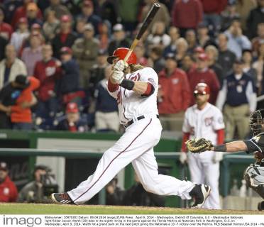 April 9, 2014 - Washington, District Of Columbia, U.S - Washington Nationals right fielder Jayson Werth (28) bats in the eighth inning in the game against the Florida Marlins at Nationals Park in Washington, D.C. on Wednesday, April 9, 2014. Werth hit a grand slam on the next pitch giving the Nationals a 10 -7 victory over the Marlins. MLB Baseball Herren USA 2014 - Marlins Beat Nationals 7-1 - ZUMAp124