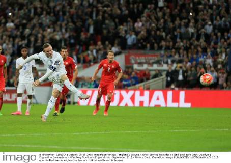 England s Wayne Rooney scoring his sides second goal Euro 2016 Qualifying - England vs Switzerland - Wembley Stadium - England - 8th September 2015 - Picture David Klein Sportimage EDITORIAL USE ONLY. No use with unauthorised audio, video, data, fixture lists, club league logos or live services. Online in-match use limited to 120 images, no video emulation. No use in betting, games or single club league player publications.