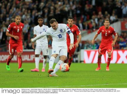England s Wayne Rooney scoring his sides second goal Euro 2016 Qualifying - England vs Switzerland - Wembley Stadium - England - 8th September 2015 - Picture David Klein Sportimage EDITORIAL USE ONLY. No use with unauthorised audio, video, data, fixture lists, club league logos or live services. Online in-match use limited to 120 images, no video emulation. No use in betting, games or single club league player publications.