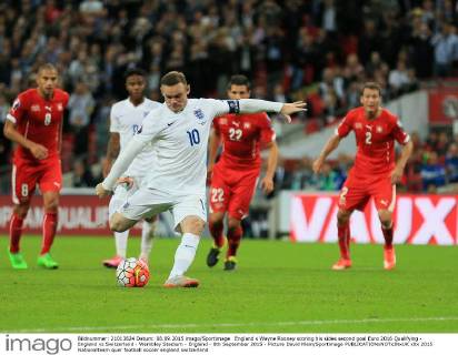 England s Wayne Rooney scoring his sides second goal Euro 2016 Qualifying - England vs Switzerland - Wembley Stadium - England - 8th September 2015 - Picture David Klein Sportimage EDITORIAL USE ONLY. No use with unauthorised audio, video, data, fixture lists, club league logos or live services. Online in-match use limited to 120 images, no video emulation. No use in betting, games or single club league player publications.