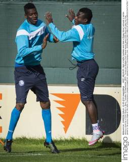 - GENT, BELGIUM: Gent s Kalifa Coulibaly and Gent s Moses Simon pictured in action during a training of KAA Gent, in Gent, Tuesday 15 September 2015. Tomorrow Belgian first league soccer team KAA Gent will play the first game in the group stage of the Uefa Champions League competition against French Olympique Lyon. JASPERxJACOBS  x04700167x