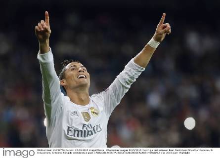 Champions League 2015 2016 match played between Real Madrid and Shakhtar Donetsk. In this picture, Cristiano Ronaldo celebrates a goal. xPABLOGARCIAx