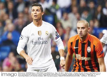 Sept. 15, 2015 - Madrid, Spain - Cristiano Ronaldo (forward, Real Madrid F.C.) in action during the UEFA Champions League match between Real Madrid and FC Shakhtar Donetsk at Santiago Bernabeu on September 15, 2015 in Madrid Real Madrid vs FC Shakhtar Donetsk. UEFA Champions League. - ZUMAg15_