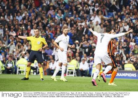 Sept. 15, 2015 - Madrid, Spain - Cristiano Ronaldo (forward, Real Madrid F.C.) in action during the UEFA Champions League match between Real Madrid and FC Shakhtar Donetsk at Santiago Bernabeu on September 15, 2015 in Madrid Real Madrid vs FC Shakhtar Donetsk. UEFA Champions League. - ZUMAg15_