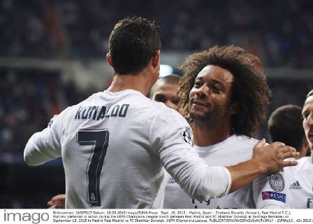Sept. 15, 2015 - Madrid, Spain - Cristiano Ronaldo (forward, Real Madrid F.C.), Marcelo (defender in action during the UEFA Champions League match between Real Madrid and FC Shakhtar Donetsk at Santiago Bernabeu on September 15, 2015 in Madrid Real Madrid vs FC Shakhtar Donetsk. UEFA Champions League. - ZUMAg15_