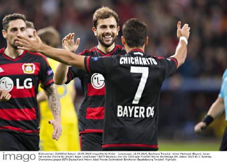 Leverkusen, 16.09.2015, BayArena Torjubel: Admir Mehmedi (Bayer), Javier Hernandez Chicharito (Bayer) Bayer Leverkusen - BATE Baryssau mm
