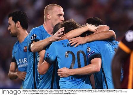 Luis Suarez Barcellona Goal celebration 0-1 Roma 16-09-2015 Stadio Olimpico Football Calcio Champions League 2015 2016 Group Stage - Group, AS Roma vs. FC Barcelona andreaxstaccioli