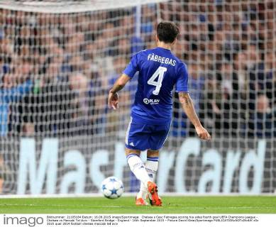Chelsea s Cesc Fabregas scoring his sides fourth goal UEFA Champions League - Chelsea vs Maccabi Tel Aviv - Stamford Bridge - England - 16th September 2015 - Picture David Klein Sportimage EDITORIAL USE ONLY. No use with unauthorised audio, video, data, fixture lists, club league logos or live services. Online in-match use limited to 120 images, no video emulation. No use in betting, games or single club league player publications.