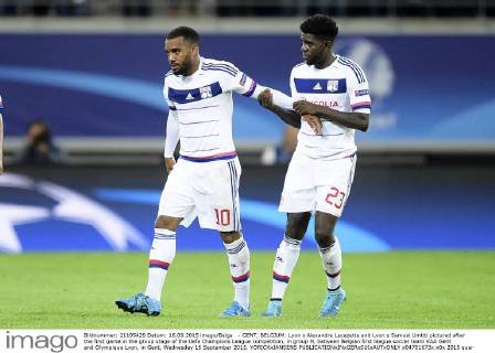 - GENT, BELGIUM: Lyon s Alexandre Lacazette and Lyon s Samuel Umtiti pictured after the first game in the group stage of the Uefa Champions League competition, in group H, between Belgian first league soccer team KAA Gent and Olympique Lyon, in Gent, Wednesday 16 September 2015. YORICKxJANSENS x04701673x