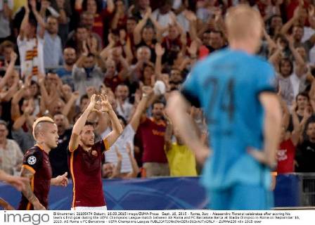 Sept. 16, 2015 - Rome, Itay - Alessandro Florenzi celebrates after scoring his team s first goal during the UEFA Champions League match between AS Roma and FC Barcelona Barca at Stadio Olimpico in Rome on September 16, 2015. AS Roma v FC Barcelona - UEFA Champions League - ZUMAn230