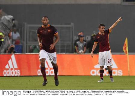 Sept. 16, 2015 - Rome, Itay - Alessandro Florenzi celebrates after scoring his team s first goal during the UEFA Champions League match between AS Roma and FC Barcelona Barca at Stadio Olimpico in Rome on September 16, 2015. AS Roma v FC Barcelona - UEFA Champions League - ZUMAn230