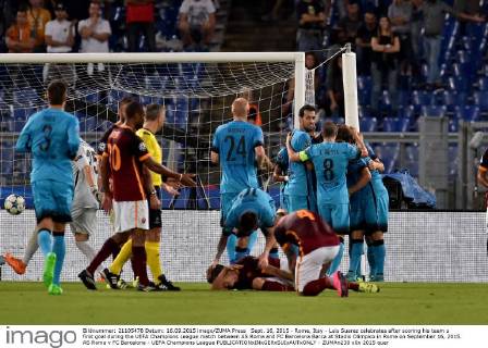 Sept. 16, 2015 - Rome, Itay - Luis Suarez celebrates after scoring his team s first goal during the UEFA Champions League match between AS Roma and FC Barcelona Barca at Stadio Olimpico in Rome on September 16, 2015. AS Roma v FC Barcelona - UEFA Champions League  - ZUMAn230