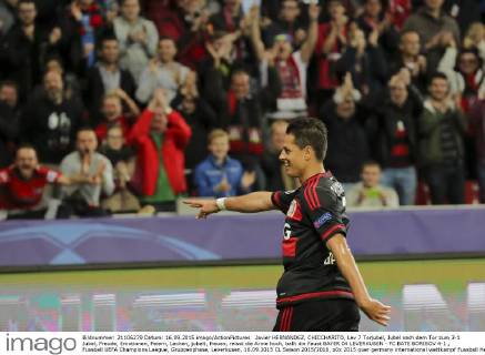 Javier HERNANDEZ, CHICCHARITO, Lev 7 Torjubel, Jubel nach dem Tor zum 3-1 Jubel, Freude, Emotionen, Feiern, Lachen, jubelt, freuen, reisst die Arme hoch, ballt die Faust BAYER 04 LEVERKUSEN - FC BATE BORISOV 4-1 , Fussball UEFA Champions League, Gruppenphase, Leverkusen, 16.09.2015 CL Saison 2015 2016,
