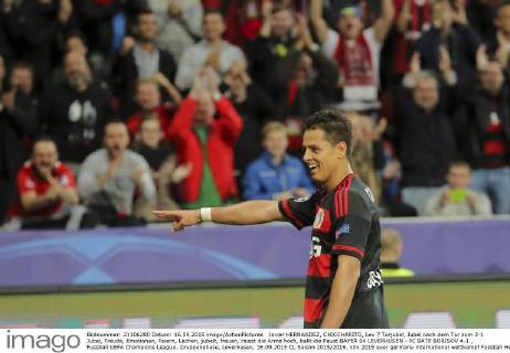 Javier HERNANDEZ, CHICCHARITO, Lev 7 Torjubel, Jubel nach dem Tor zum 3-1 Jubel, Freude, Emotionen, Feiern, Lachen, jubelt, freuen, reisst die Arme hoch, ballt die Faust BAYER 04 LEVERKUSEN - FC BATE BORISOV 4-1 , Fussball UEFA Champions League, Gruppenphase, Leverkusen, 16.09.2015 CL Saison 2015 2016,