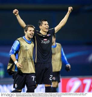 SOCCER - CL, Zagreb vs Arsenal ZAGREB,CROATIA,16.SEP.15 - SOCCER - UEFA Champions League, group stage, GNK Dinamo Zagreb vs FC Arsenal. Image shows the rejoicing of Alexandru Matel and Leonardo Sigali (Zagreb). GEPAxpictures xMaticxKlansek