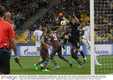 Sept. 16, 2015 - Kiev, Ukraine - Porto goalkeeper Iker Casillas saves during the UEFA Champions League Group G stage football match between FC Dynamo Kyiv and FC Porto at NSK Olimpiyskyi Stadium. Ukraine : Dynamo Kyiv versus Porto match - ZUMAp133