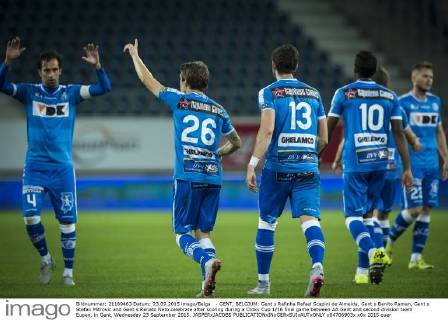 - GENT, BELGIUM: Gent s Rafinha Rafael Scapini de Almeida, Gent s Benito Raman, Gent s Stefan Mitrovic and Gent s Renato Neto celebrate after scoring during a Croky Cup 1 16 final game between AA Gent and second division team Eupen, in Gent, Wednesday 23 September 2015. JASPERxJACOBS  x04706903x