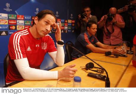 Chicharito Javier Hernandez and Roger Schmidt (Bayer Leverkusen) attend press conference before the Champions League match. xFRANCESCxADELANTADOx 