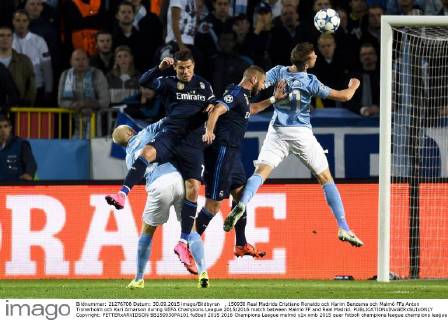 , 150930 Real Madrids Cristiano Ronaldo och Karim Benzema och Malmö FFs Anton Tinnerholm och Kari Arnarson during UEFA Champions League 2015 2016 match between Malmö FF and Real Madrid.  Copyright: PETTERxARVIDSON BB150930PA101