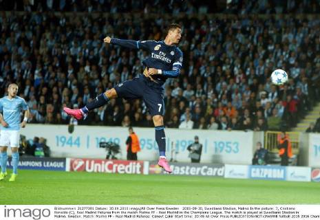 2015-09-30, Swedbank Stadion, Malmö In the picture: 7, Cristiano Ronaldo (C), Real Madrid Pictures from the match Malmo FF - Real Madrid in the Champions League. The match is played at Swedbank Stadion in Malmö, Sweden. Match: Malmö FF - Real Madrid Referee: Cüneyt Çakir Start time: 20:45 All Over Press