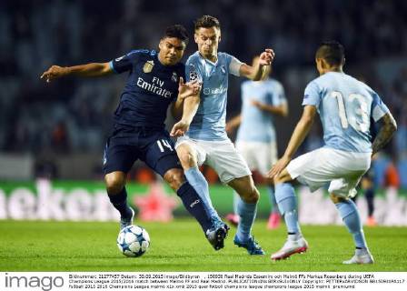 , 150930 Real Madrids Casemiro och Malmö FFs Markus Rosenberg during UEFA Champions League 2015 2016 match between Malmö FF and Real Madrid.  Copyright: PETTERxARVIDSON BB150930PA117
