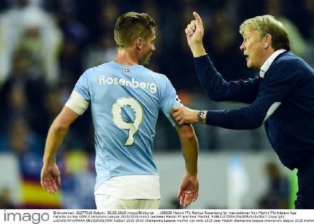 , 150930 Malmö FFs Markus Rosenberg far instruktioner fran Malmö FFs tränare Age Hareide during UEFA Champions League 2015 2016 match between Malmö FF and Real Madrid.  Copyright: LUDVIGxTHUNMAN BB150930LT034