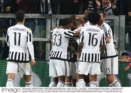Sept. 30, 2015 - Turin, Italy - Juventus forward Simone Zaza (7) celebrates with his teammates after scoring his goal during the Uefa Champions League group stage football match n2 JUVENTUS - SEVILLA on 30 09 15 at the Juventus Stadium in Turin, Italy. Juventus v Sevilla, UEFA Champions League - ZUMAn230