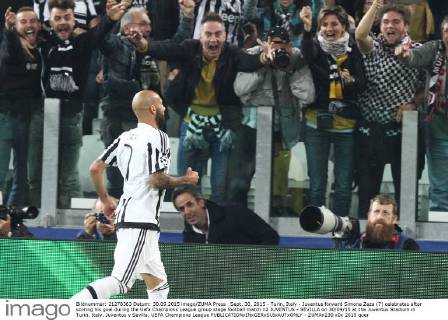 Sept. 30, 2015 - Turin, Italy - Juventus forward Simone Zaza (7) celebrates after scoring his goal during the Uefa Champions League group stage football match n2 JUVENTUS - SEVILLA on 30 09 15 at the Juventus Stadium in Turin, Italy. Juventus v Sevilla, UEFA Champions League - ZUMAn230